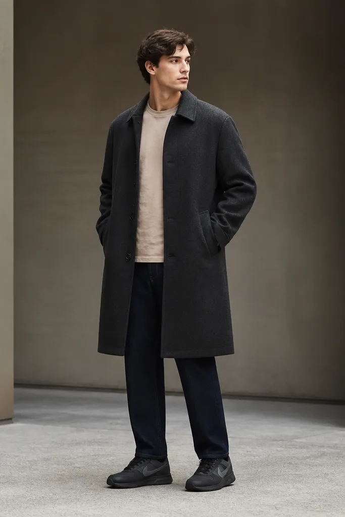A charcoal wool coat over a beige t-shirt. Dark indigo denim is straight and ankle-length. Modern Nike sneakers are visible under the coat hem with dark soles.