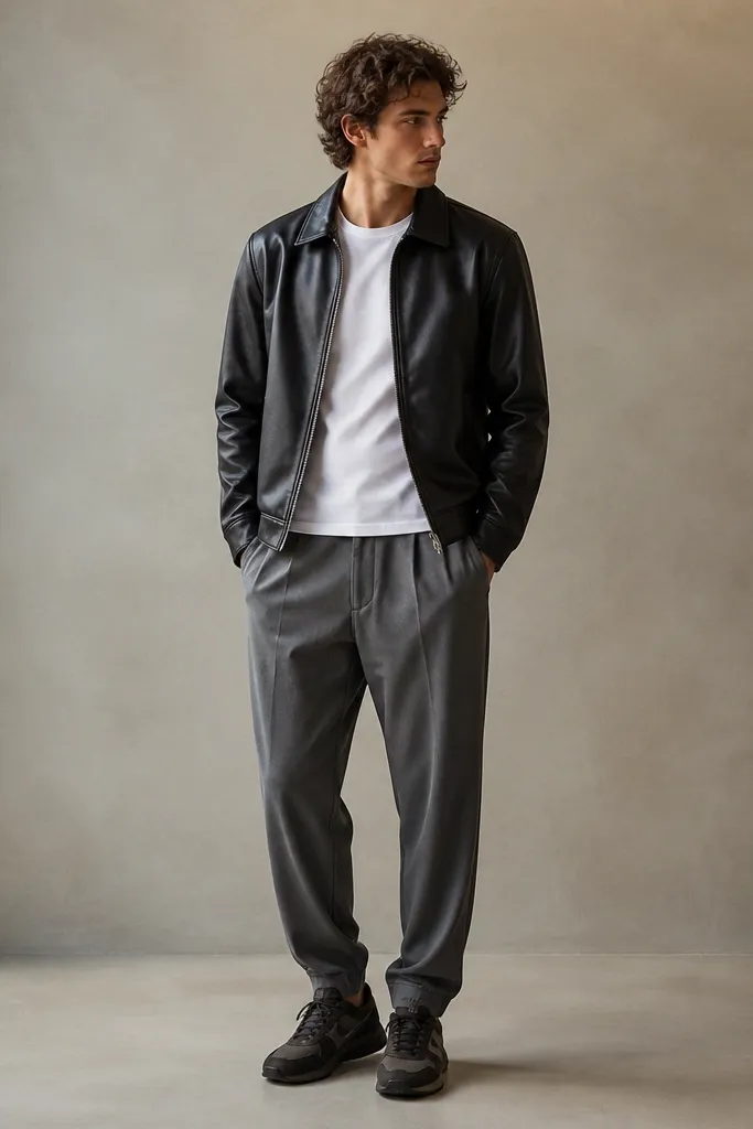 A black leather jacket over a white t-shirt. Grey relaxed trousers with a slight taper at the ankle. Modern Nike sneakers in dark brown/black tones are centered in the frame.