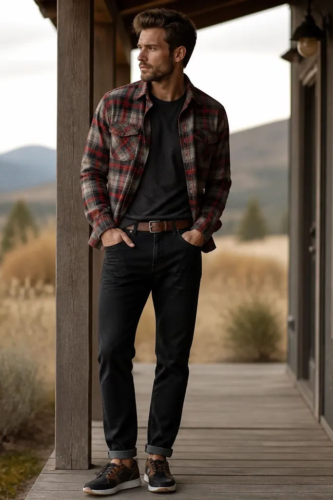 A red and grey plaid flannel worn open over a dark tee. Black jeans and a brown leather belt are visible. Modern Nike shoes with brown/black details show under a cuffed hem.