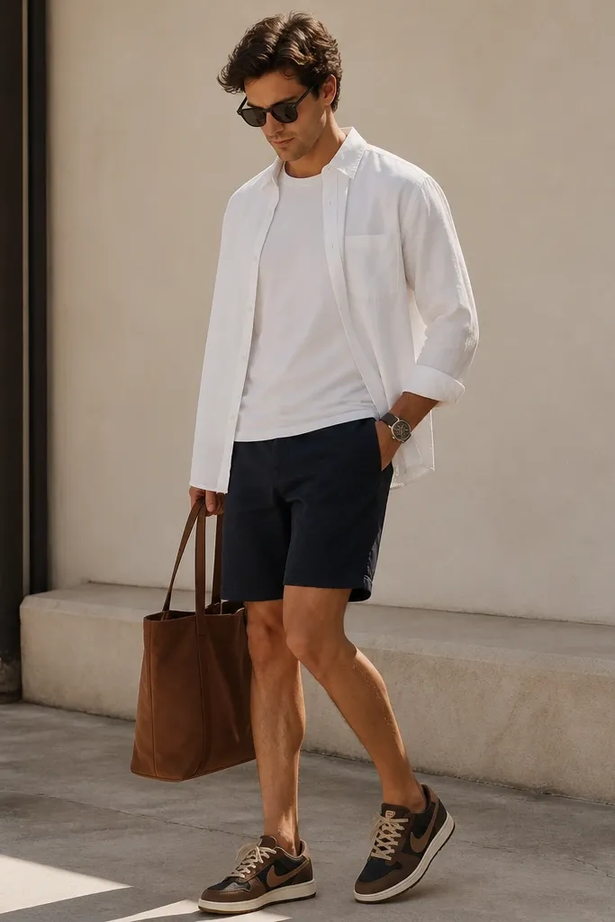 A white overshirt worn open over a plain tee. Navy chino shorts and a brown tote bag. Modern Nike sneakers in darker Travis Scott tones are visible with tan laces.