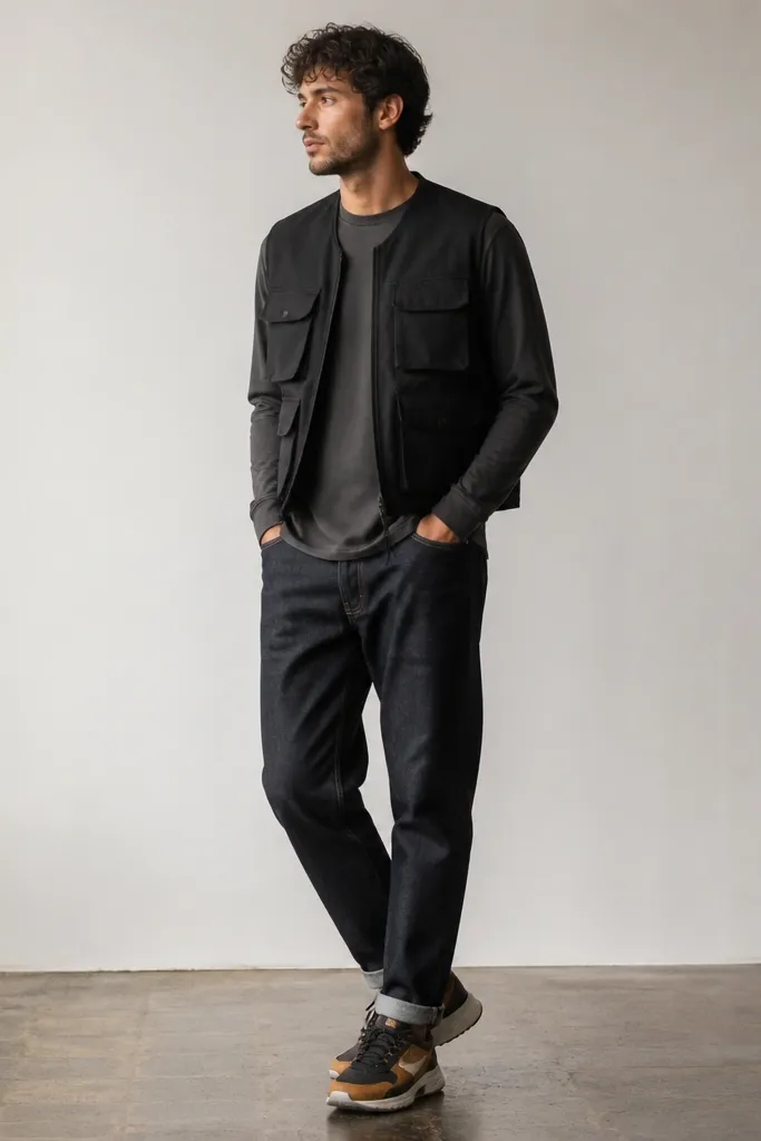 A black utility vest over a long sleeve shirt. Dark denim jeans with a slight taper. Modern Nike shoes with brown/black accents show under the cuff.