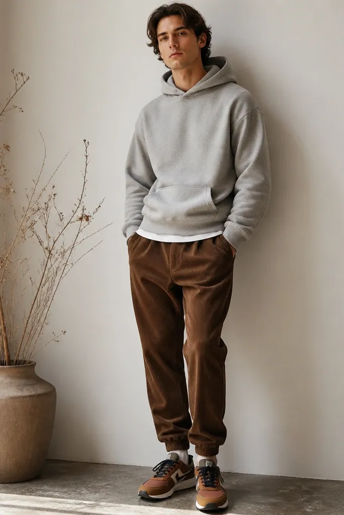 A grey hoodie paired with brown corduroy pants. The hem is tapered and shows modern Nike shoes with warm brown and dark accents.