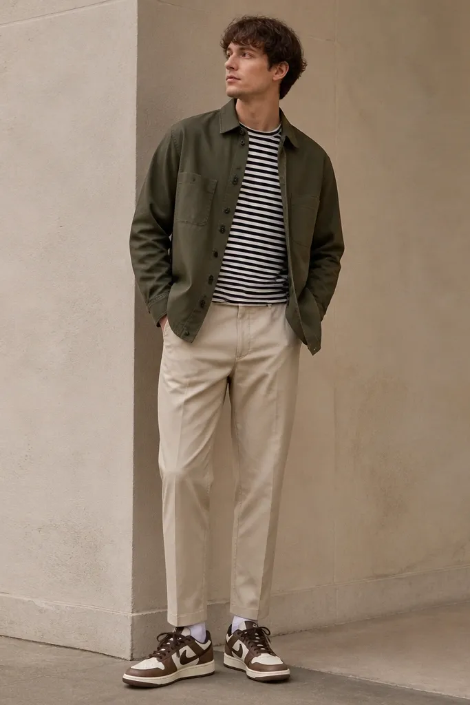 A striped t-shirt under an olive overshirt. Beige tapered pants fall to the ankle and show modern Nike sneakers with dark brown details.