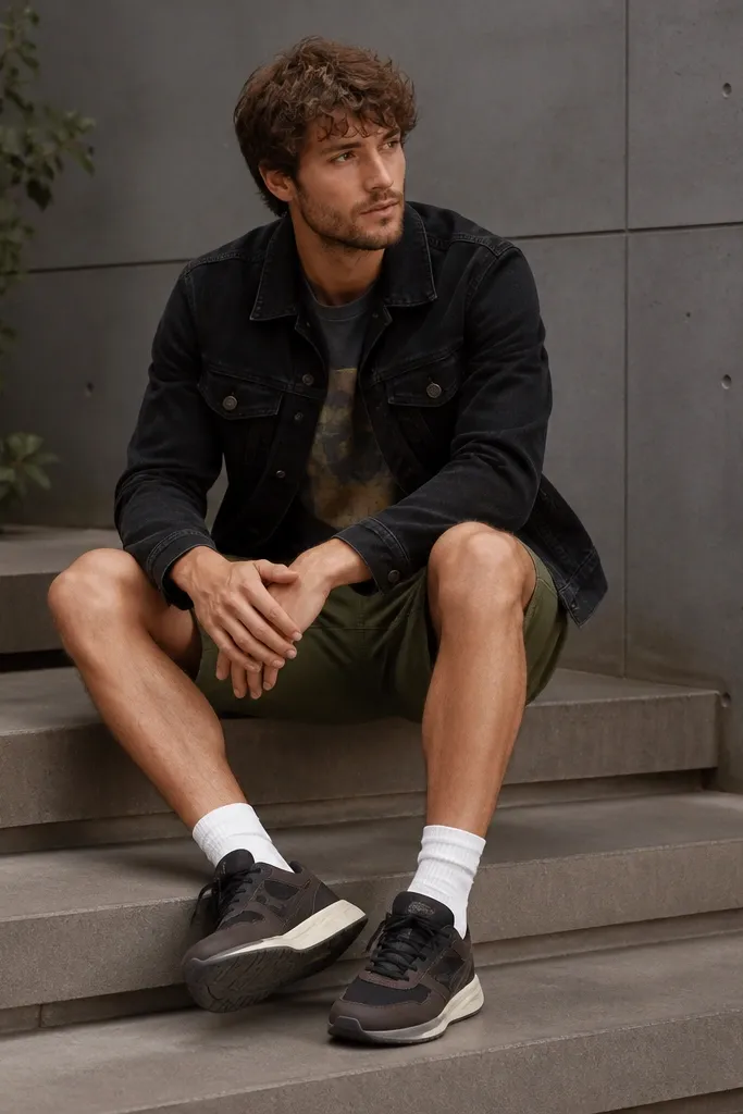 A black denim jacket over a graphic t-shirt. Olive shorts sit above the knee. Modern Nike sneakers in dark brown/black tones are visible with ankle socks.