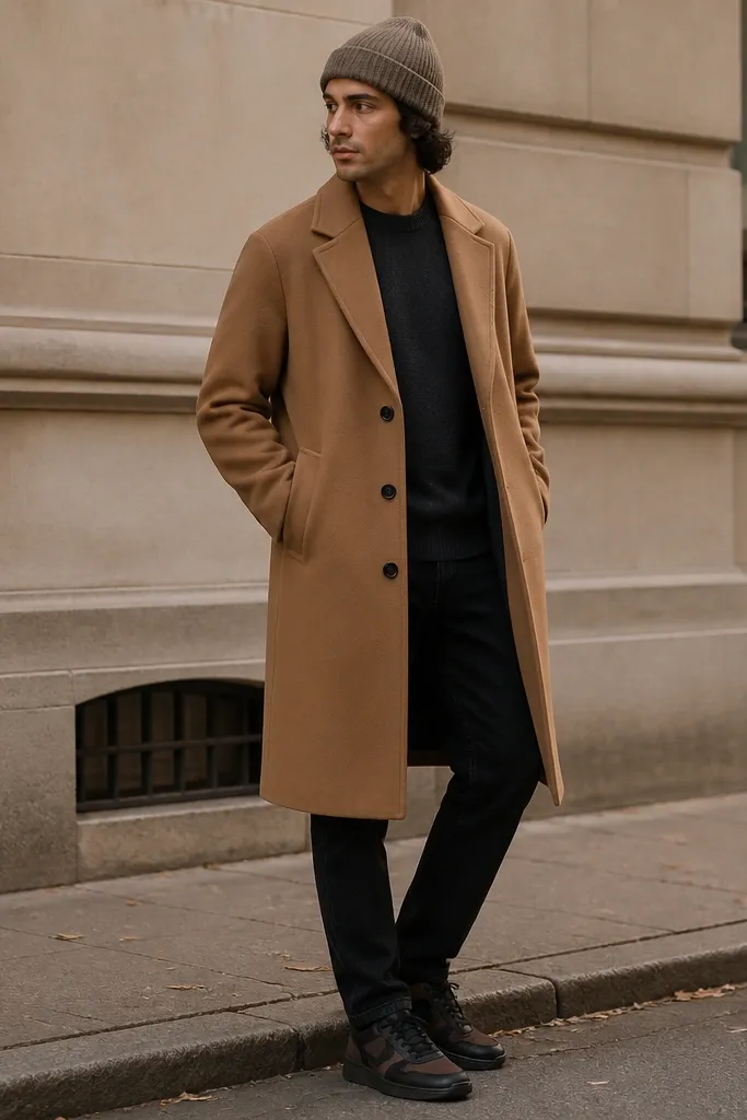 A camel overcoat over black jeans. The person has a neutral knit beanie and no visible loud accessories. Modern Nike sneakers in dark brown/black tones show under the coat hem.