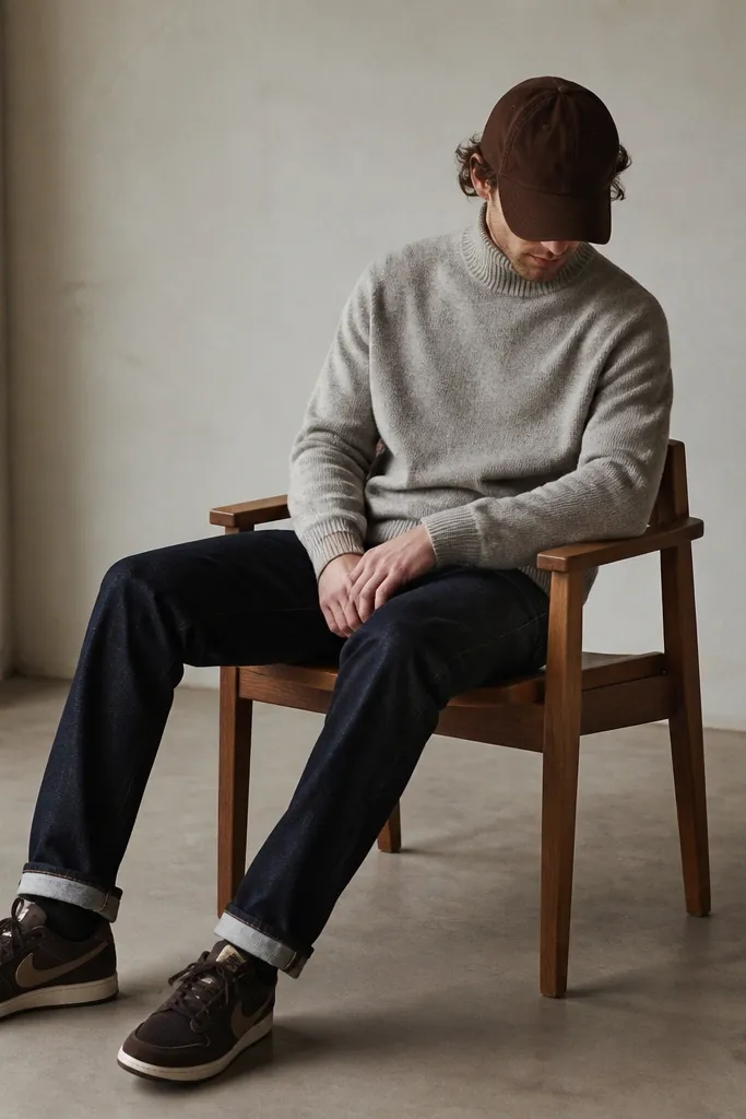 A light grey turtleneck sweater layered with navy jeans. A brown cap is worn low. Modern Nike sneakers in brown and dark tones are visible under a slight cuff.