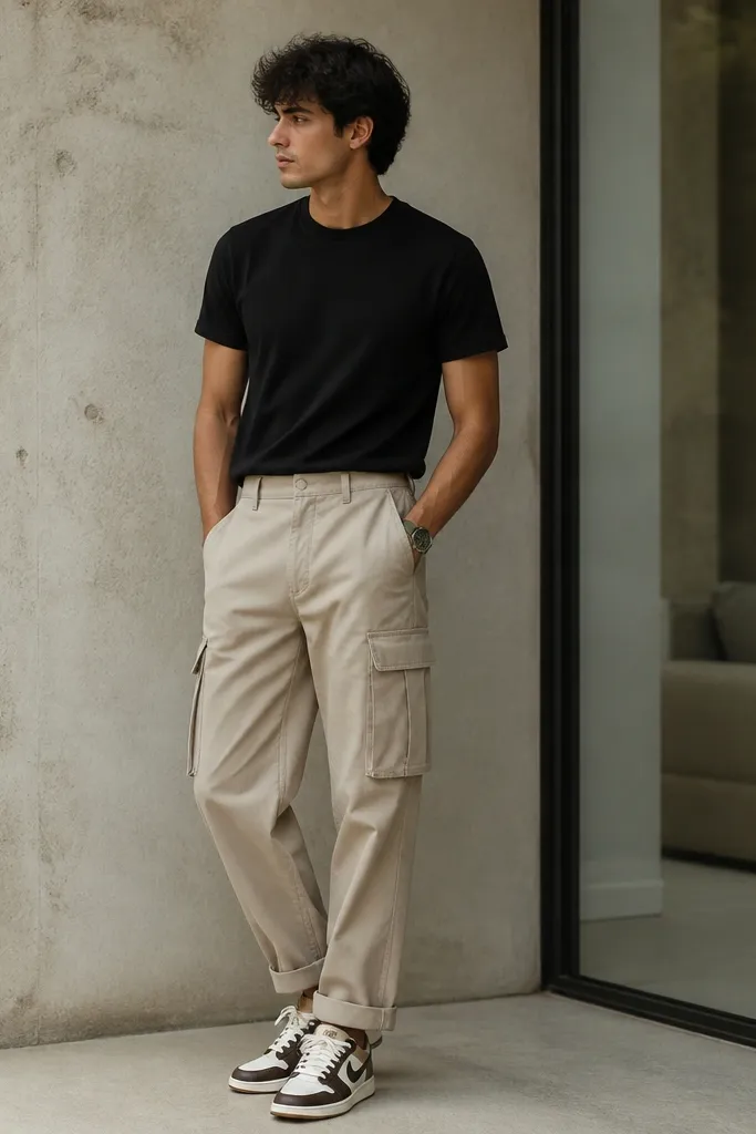 A black t-shirt tucked slightly into beige cargo pants. The person wears an olive watch strap and modern Nike sneakers with dark brown accents. The cargo hem is cuffed to show the shoe.