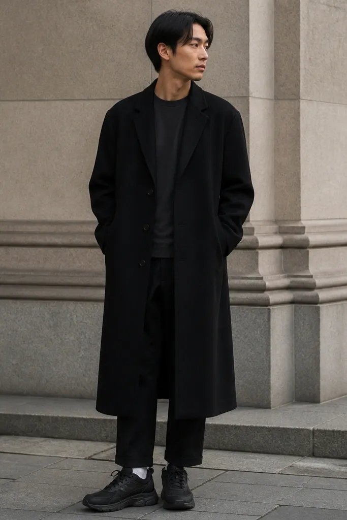A charcoal t-shirt under a long black overcoat. The person wears modern Nike shoes with dark tones and visible white socks. The coat hem falls just above the shoe.