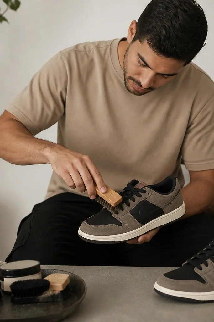 A tan t-shirt with black work pants and a clean sneaker brushing setup. The modern Nike shoes look freshly wiped with visible suede texture and dark laces.