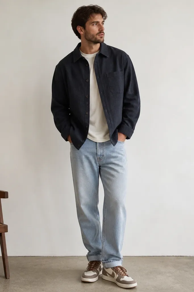 A navy overshirt over a tee with light wash jeans. The modern Nike shoes have dark brown laces, and the jeans cuff shows the shoe sidewall.