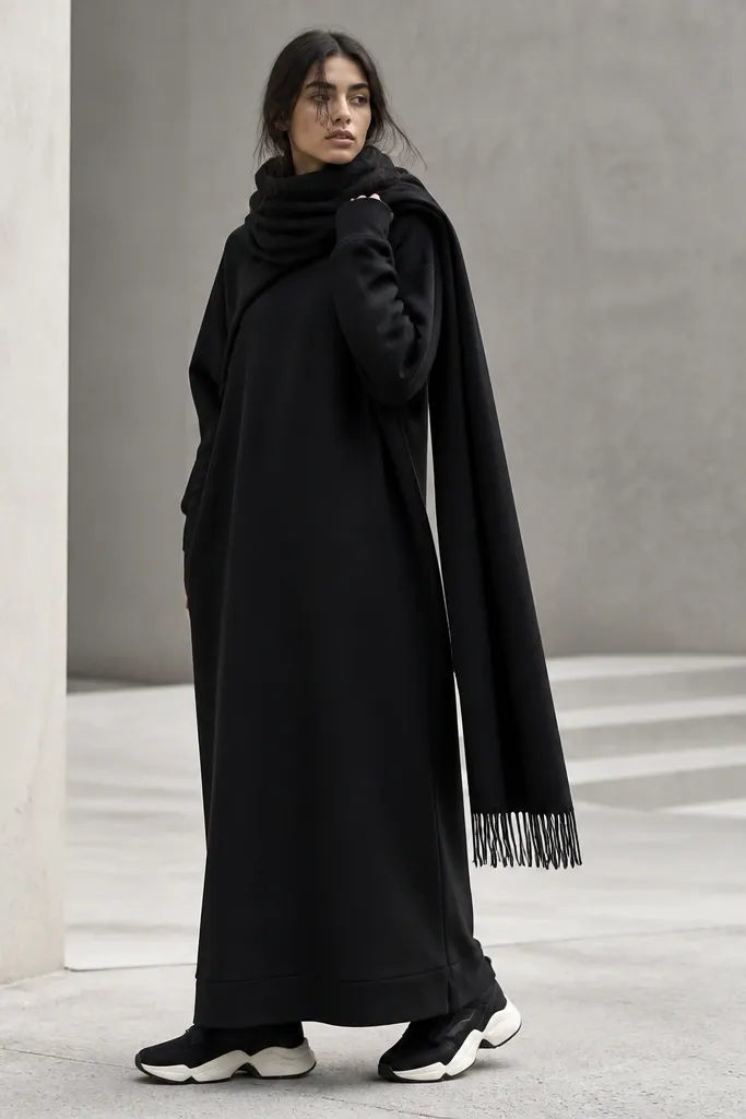 A person wearing a black hoodie-style dress or tunic with an oversized scarf. Modern Nike sneakers with a chunky sole are visible at the bottom, and the scarf drapes down the side.