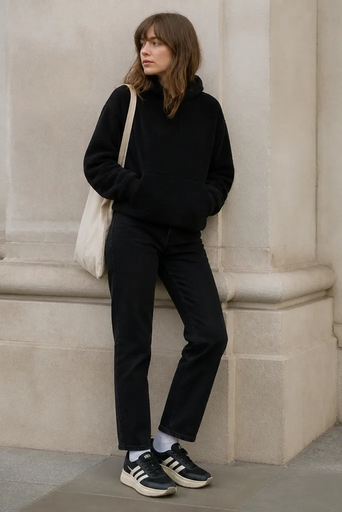 A black fleece hoodie worn with straight-leg black jeans. The model has a cream canvas tote bag and white crew socks peeking above black-and-white Onitsuka Tiger sneakers with a thick sole.