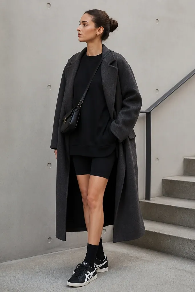 A black oversized sweatshirt worn over black biker shorts, paired with a long charcoal wool coat. The model wears black crew socks and Onitsuka Tiger sneakers with a white sole. A black leather crossbody bag is worn across the body.