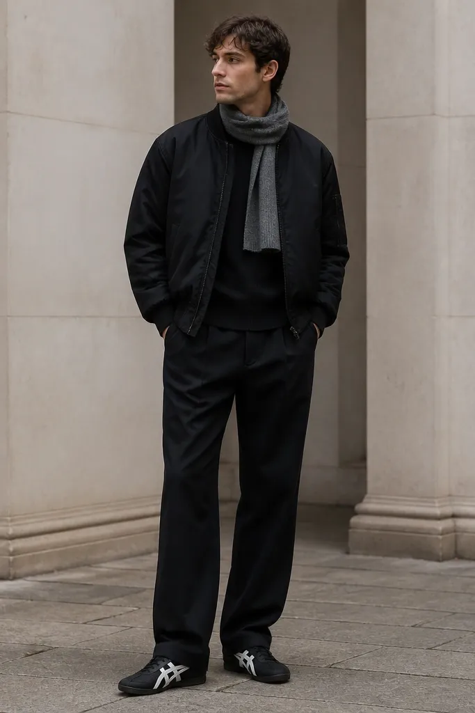 A black bomber jacket with a ribbed collar over a black thermal shirt. The model wears relaxed black trousers with slight break at the shoe and Onitsuka Tiger sneakers in black with white stripes. A gray scarf is wrapped once around the neck.
