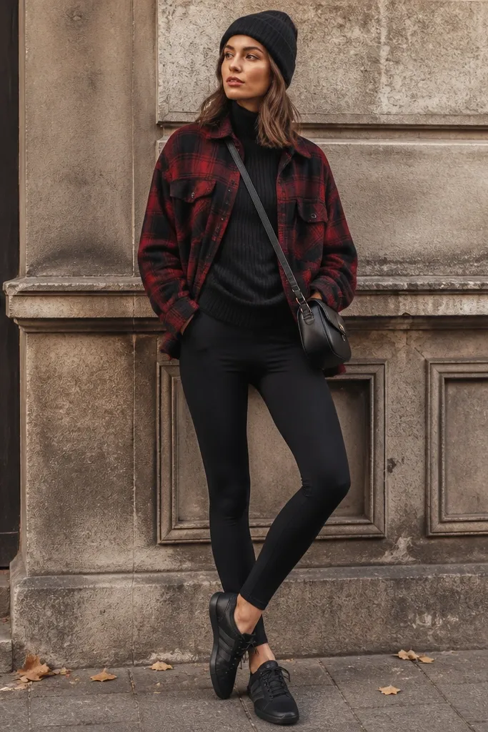A black ribbed turtleneck under a black-and-red plaid flannel overshirt. The model wears black leggings and black Onitsuka Tiger sneakers. A small black crossbody bag and a knit beanie complete the look.