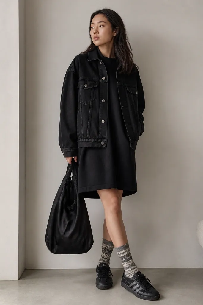 A black denim jacket layered over a black sweatshirt dress. The model wears mid-calf socks with a subtle pattern in gray and cream and black Onitsuka Tiger sneakers. A slouchy black bag is held at the side.