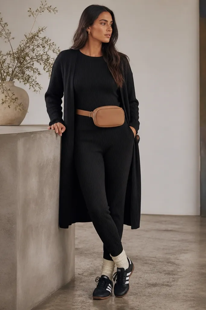 A black ribbed two-piece set with a fitted top and matching pants, worn with a long open cardigan. The model carries a tan belt bag at the waist and wears black Onitsuka Tiger sneakers. Cream socks peek above the sneakers.