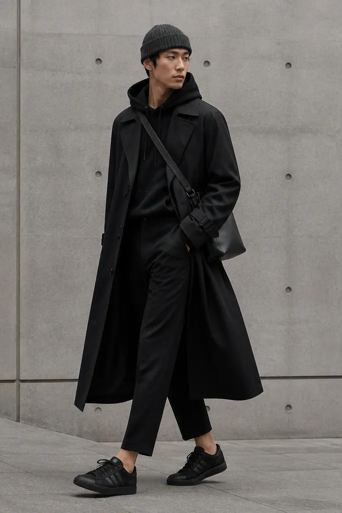 A black trench coat worn over a black hoodie. The model wears cropped black trousers that show a bit of ankle and black Onitsuka Tiger sneakers. A dark gray beanie and black crossbody bag are shown.