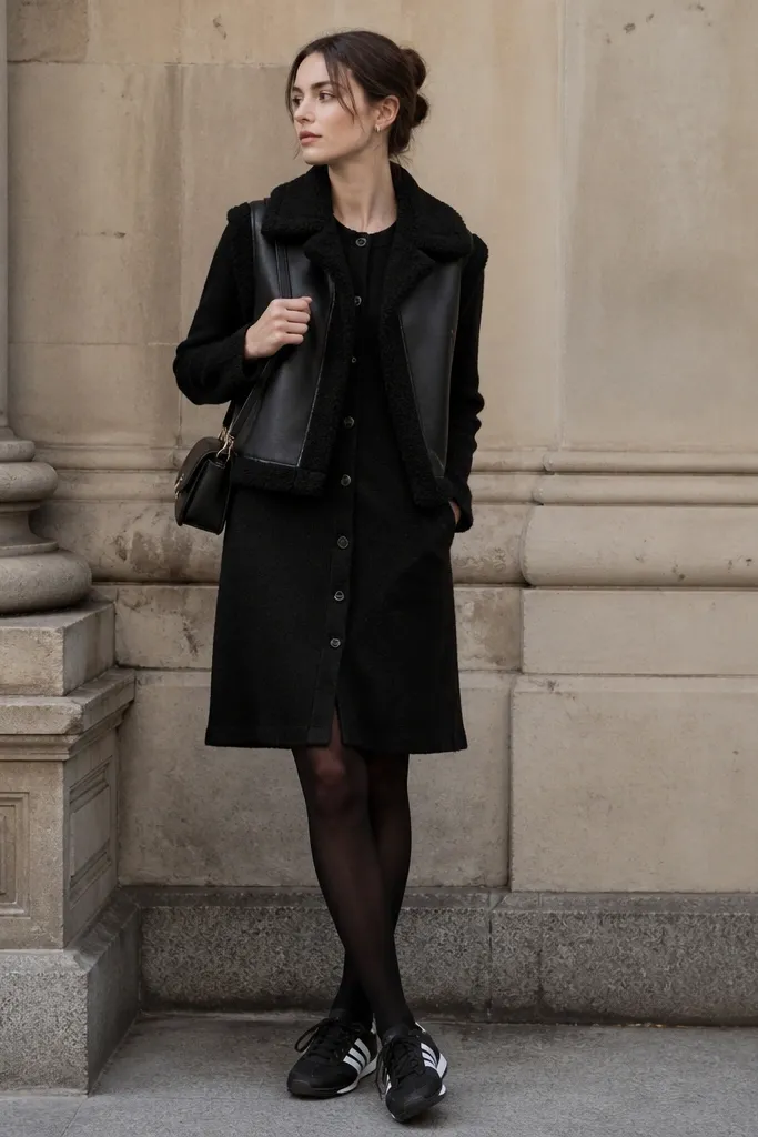 A black cardigan dress with buttons down the front. Over it, a black vest with a shearling lining is worn. The model has black tights and Onitsuka Tiger sneakers in black and white. A small shoulder bag sits on the side.
