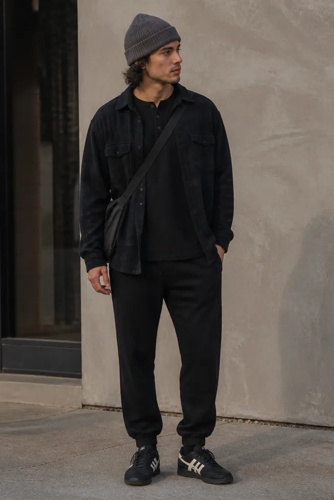 A black button-up flannel worn open over a black thermal henley. The model wears relaxed black joggers with tapered cuffs and Onitsuka Tiger sneakers. A gray knit beanie and a crossbody bag are included.