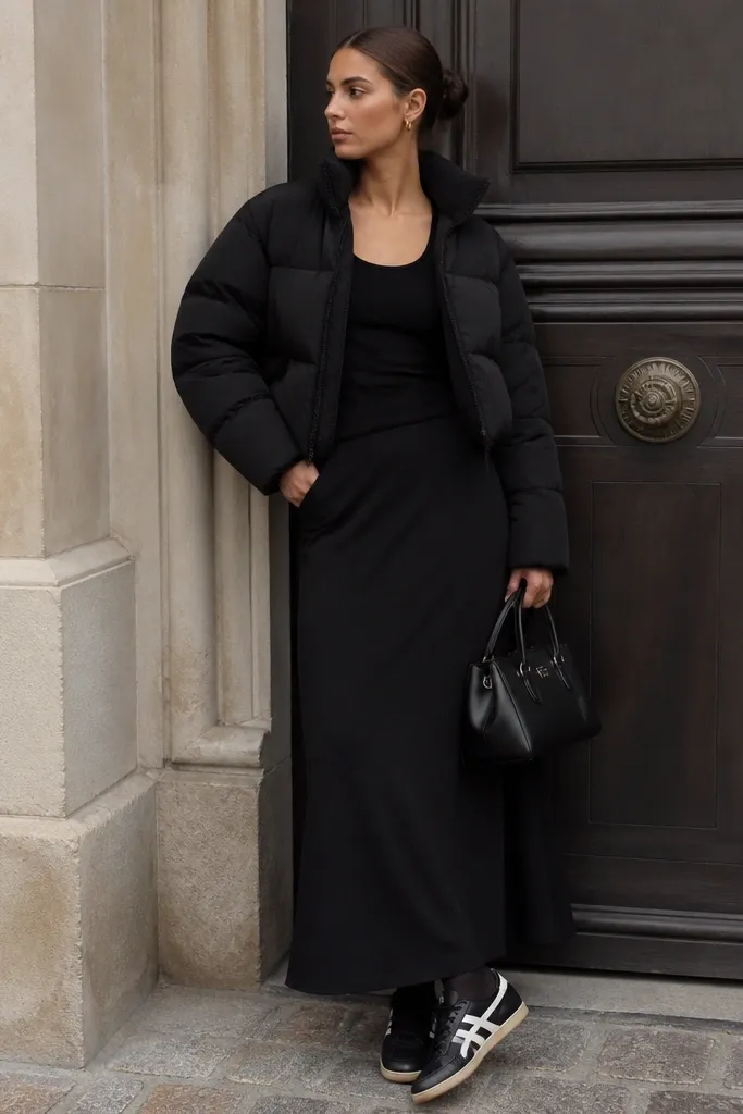 A black long maxi skirt paired with a fitted black tank and a cropped black puffer jacket. The model wears black tights and black Onitsuka Tiger sneakers with a white sole. A structured black handbag is shown.