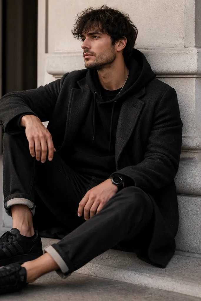 A black hoodie under a dark wool overcoat. The model wears black jeans cuffed once at the ankle and black Onitsuka Tiger sneakers. A black watch and simple chain necklace are visible.