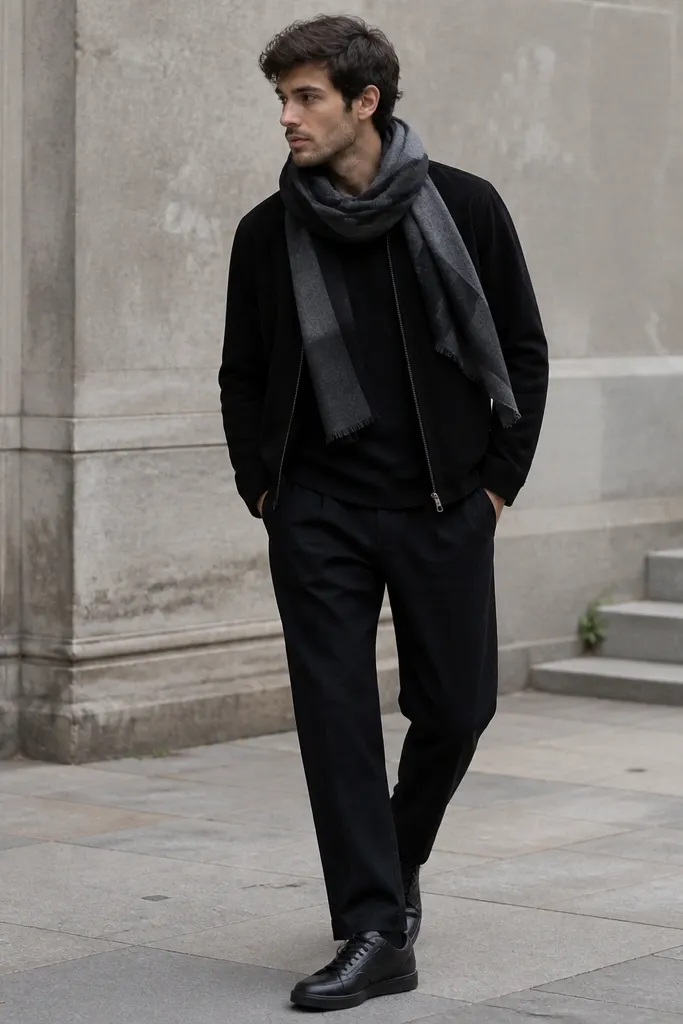 A plain black t-shirt under a black suede jacket. A large gray-and-black scarf is wrapped loosely around the neck. The model wears black Onitsuka Tiger sneakers and black pants.