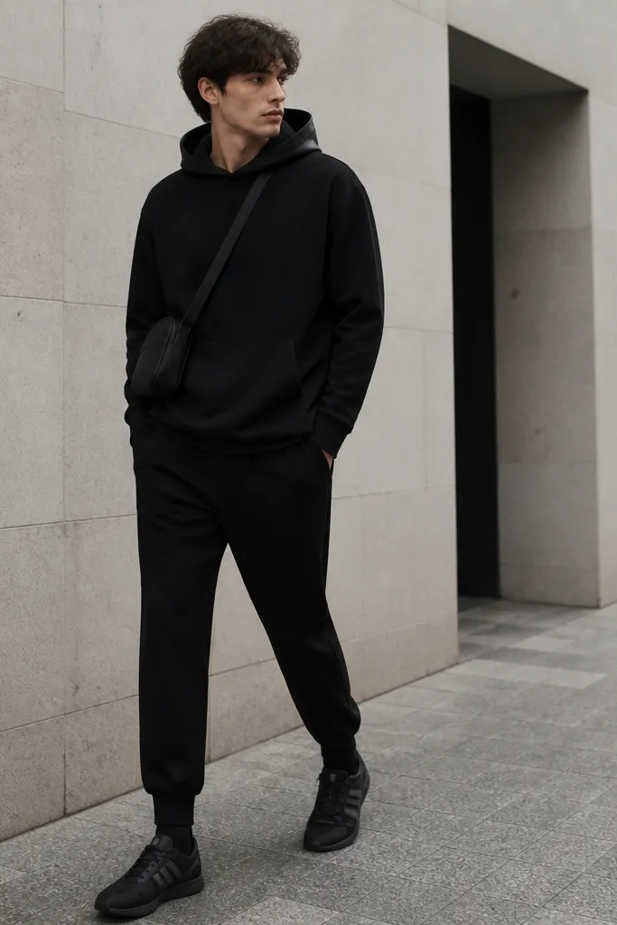 A black hoodie with subtle satin trim on the hood edges. It's worn with black wool jogger pants and black Onitsuka Tiger sneakers. The model has a small black crossbody bag and dark socks.