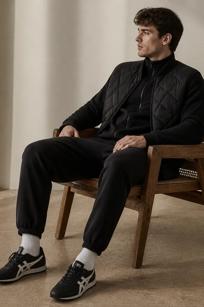 A matching black lounge set with a zip-up top and jogger pants. A quilted black vest is worn over it. The model wears crew socks and black Onitsuka Tiger sneakers with white accents.