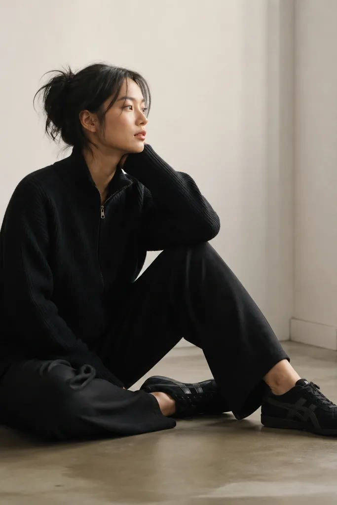 onitsuka tiger black outfit cozy everyday styling