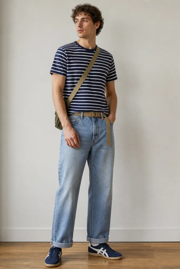 A man in light wash blue jeans and a navy-and-white striped crewneck tee, wearing navy Onitsuka Tiger sneakers. The photo shows a relaxed standing pose, with a tan canvas belt and a small crossbody bag worn at the hip.