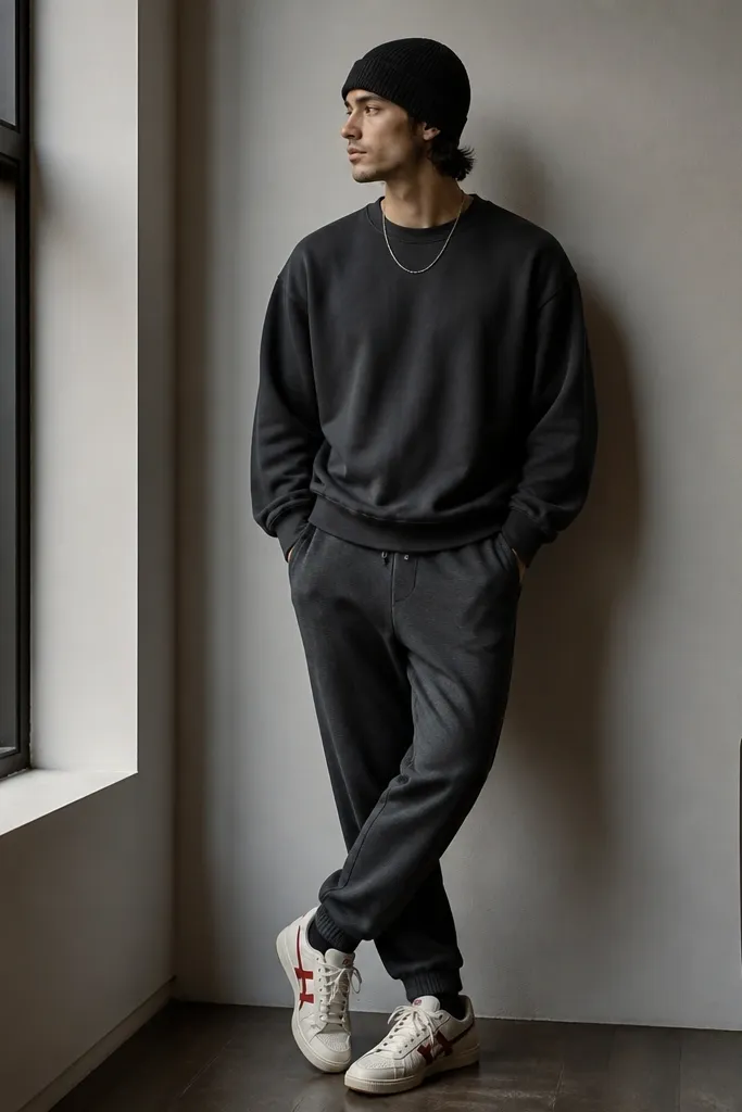A person wearing Onitsuka Tiger sneakers with red accents, paired with a charcoal crewneck sweatshirt and dark gray joggers. The outfit is photographed indoors near a window, with a black beanie and a minimal silver chain.