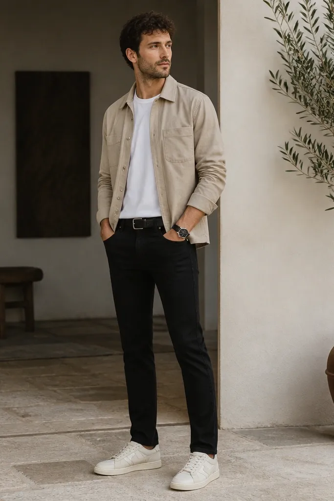 A full-body shot of a man wearing cream Onitsuka Tiger sneakers, a stone-colored overshirt over a white tee, and black slim jeans. A black leather watch strap and a simple belt are visible.