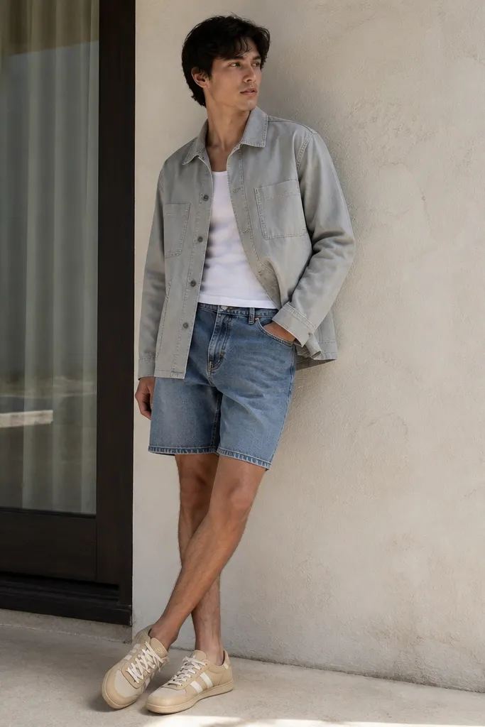 A person wearing tan Onitsuka Tiger sneakers with cream laces, a light gray chore jacket over a white tank, and mid-thigh denim shorts. The photo shows summer daylight and a relaxed stance.