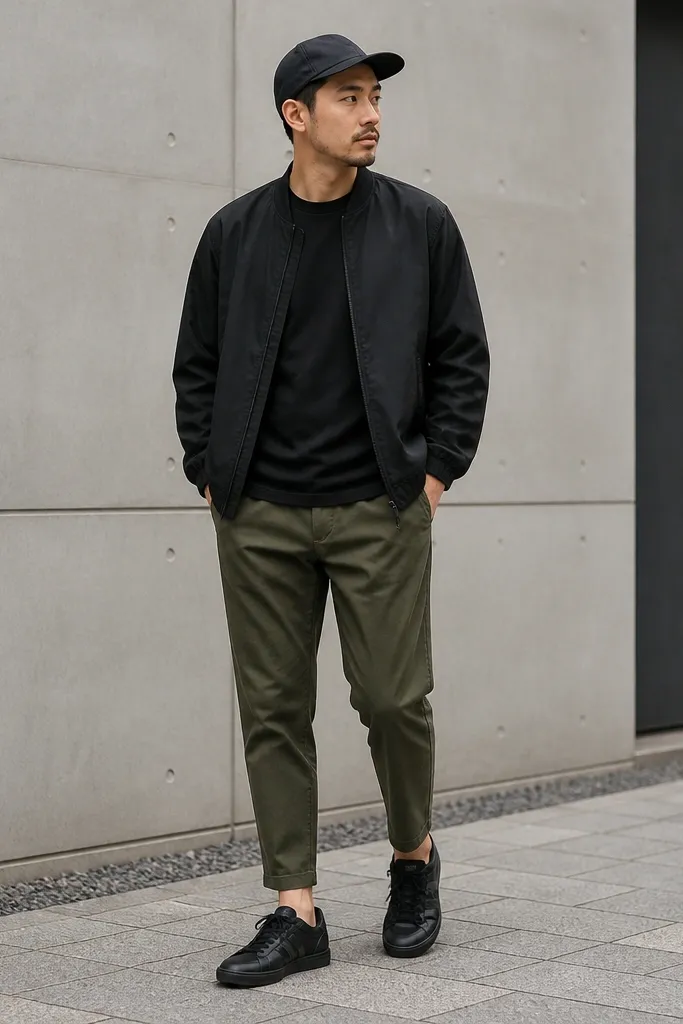 A man wearing black Onitsuka Tiger sneakers, a black crewneck tee, and olive tapered pants. He has a lightweight black overshirt or bomber and a dark cap.