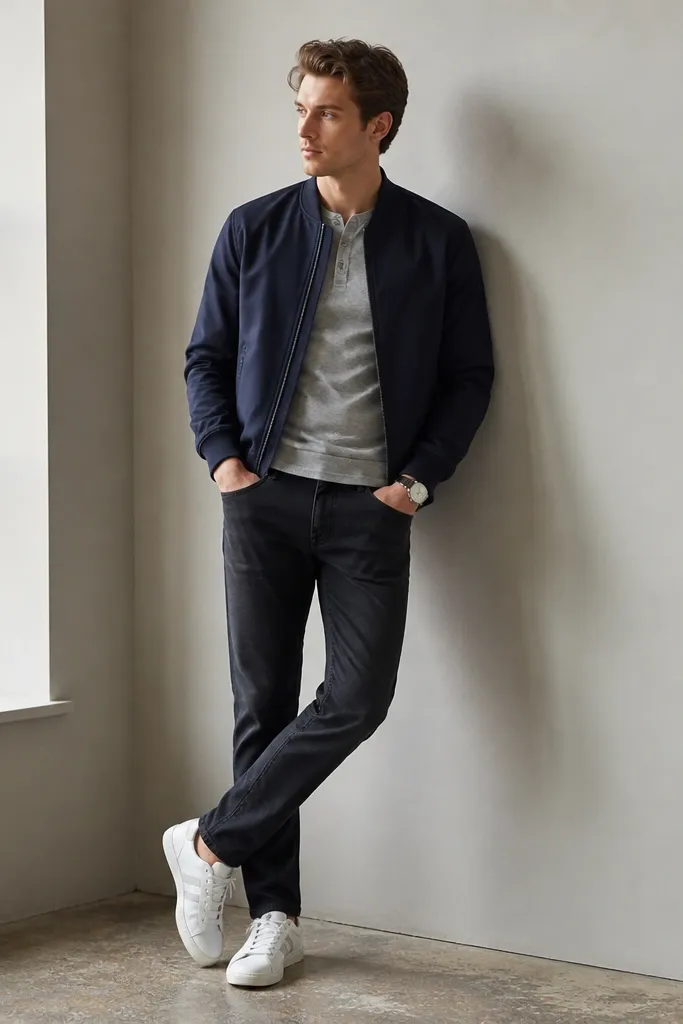 A person wearing white Onitsuka Tiger sneakers, a navy bomber jacket, and a heather gray henley shirt. The pants are dark navy or charcoal straight jeans, with a neat waistband and a clean watch.