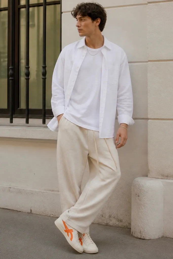 A man wearing Onitsuka Tiger sneakers with orange stripes, beige sweatpants, and an oversized white button-up shirt worn open over a plain tee. The photo shows a relaxed street style pose with a simple chain necklace.