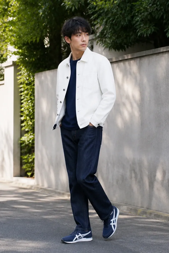 A person wearing navy Onitsuka Tiger sneakers with a white denim jacket, dark straight jeans, and a navy t-shirt. The image shows an outdoor sidewalk backdrop with bright daylight.