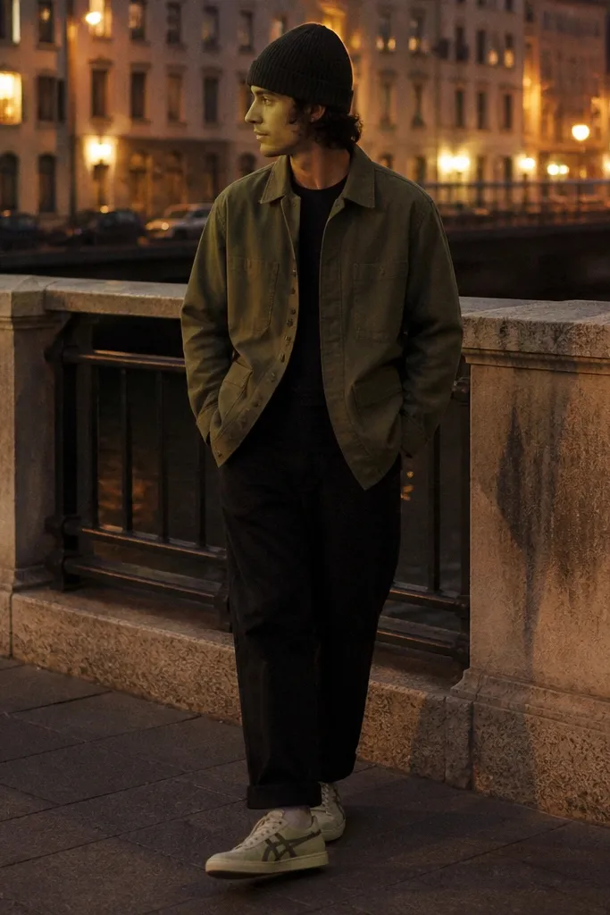 A man wearing Onitsuka Tiger sneakers with greenish tones, an olive overshirt, black worker pants, and a dark knit beanie. The photo is taken at dusk with warm street lighting.