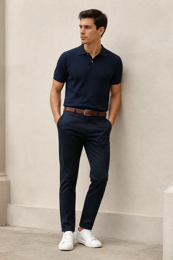 A man wearing white Onitsuka Tiger sneakers, navy tapered chinos, and a navy knit polo shirt with two buttons. The photo shows a clean, minimal look with a brown belt and a neat haircut.