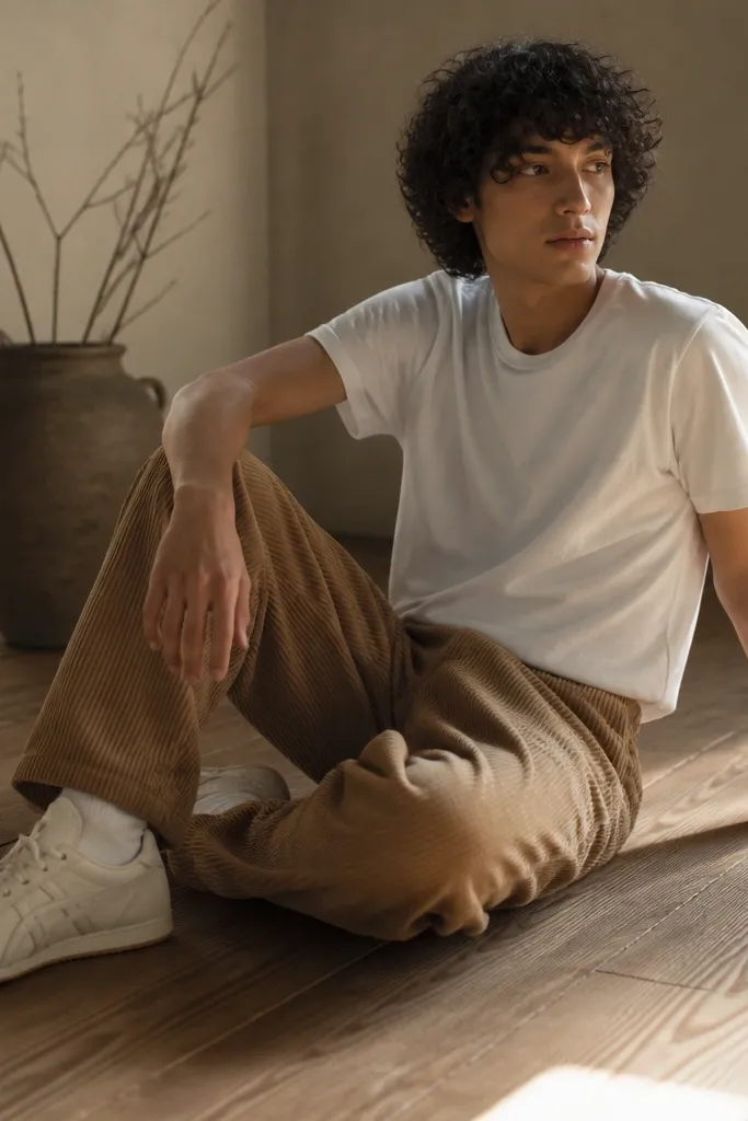 A person wearing cream Onitsuka Tiger sneakers, tan corduroy pants (wide-wale texture visible), and a plain white crew tee. The photo shows indoor daylight with a warm, earthy palette.