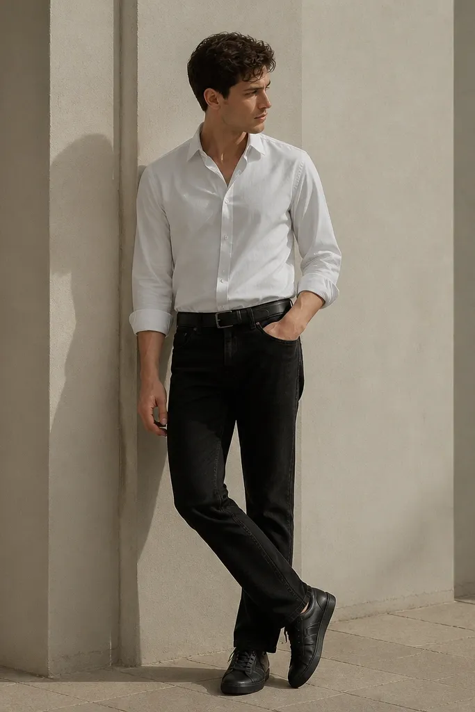 A man wearing black Onitsuka Tiger sneakers with a white poplin button-down shirt and black denim jeans. The shirt is tucked in, sleeves are rolled once, and a black leather belt is visible.