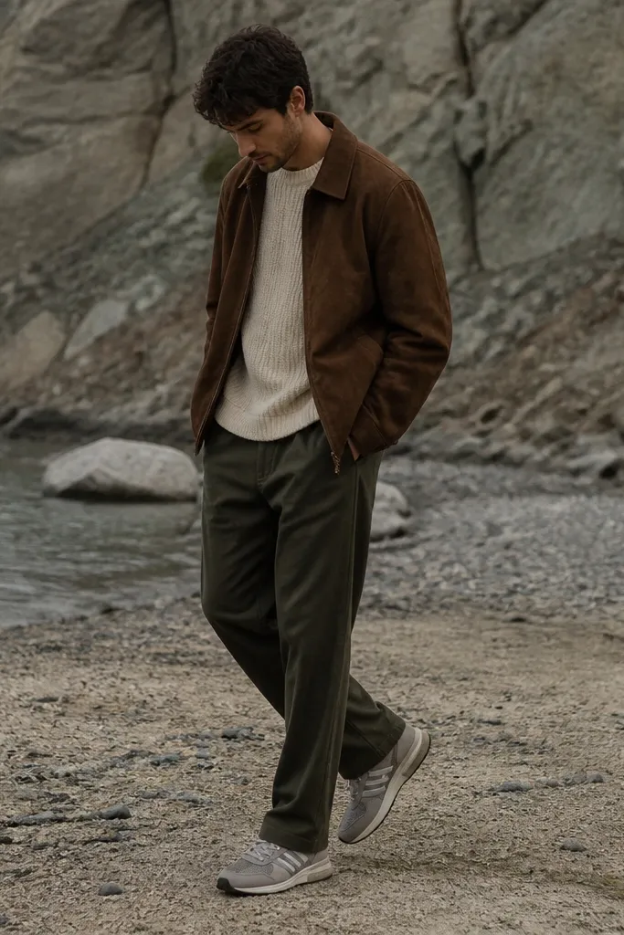 A person wearing gray Onitsuka Tiger sneakers, a brown suede jacket, and dark olive pants. A cream knit sweater is layered underneath, and the scene is outdoors with muted colors.