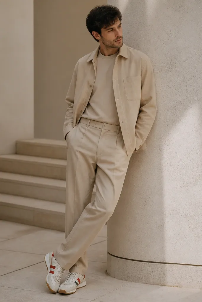 A man wearing Onitsuka Tiger sneakers with multi-color accents, styled with an all-beige outfit: beige overshirt, beige t-shirt, and light tan trousers. The belt matches the trousers, and the photo shows a clean, monochrome palette.