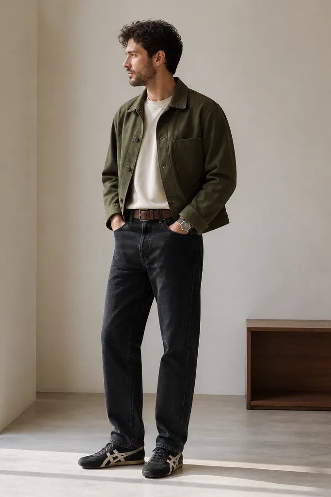 Man in a light room wearing Onitsuka Tiger sneakers with cream stripes, a slightly oversized off-white crewneck tee, washed black straight-leg jeans with a clean break, and a cropped olive chore jacket ending at the belt line. He has a brown leather belt and a simple black watch.