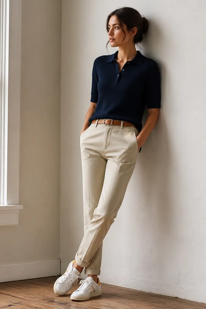 Woman wearing Onitsuka Tigers with a white base and orange heel detail, a navy knit polo with a short placket, light khaki chinos with a slight taper, and a belt in tan leather. The socks are low and mostly hidden above the shoe collar.