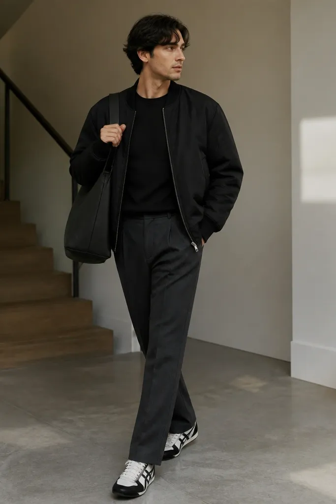 Person wearing Onitsuka Tigers in a black and off-white colorway, a black fitted long-sleeve tee, charcoal straight-leg trousers with a subtle crease, and a black bomber jacket with a ribbed collar. Minimal jewelry and a matte black bag.