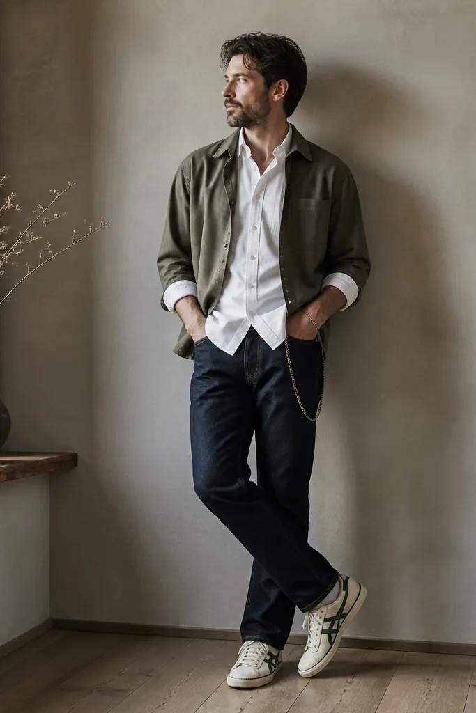 Man in Onitsuka Tigers with a cream base and green side stripes, wearing a white button-down shirt with sleeves rolled to mid-forearm, an olive overshirt layered open, and dark indigo jeans. A simple black leather wallet chain is visible.