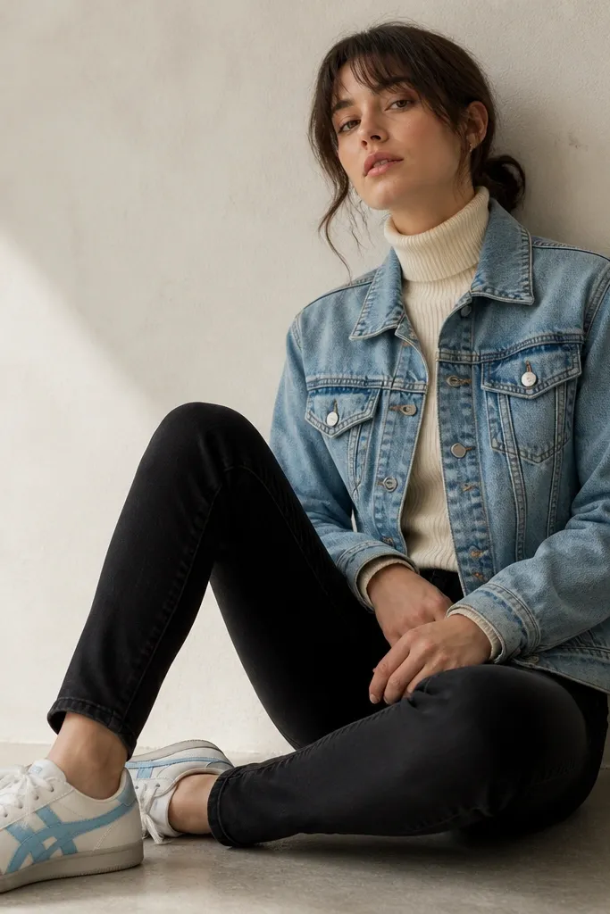 Woman wearing Onitsuka Tigers with a white base and pale blue accents, a cream ribbed turtleneck, a light blue denim jacket, and black slim jeans. The jacket is buttoned with the hem hovering around the hips.