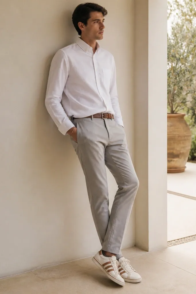 Man in Onitsuka Tigers with tan stripes, wearing a crisp white Oxford shirt with sleeves down, light grey chinos with a straight leg, and a medium-brown leather belt. He has a relaxed half-tuck and a simple bracelet.